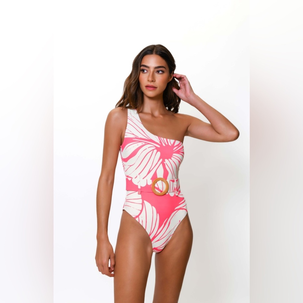 Hutch One-Shoulder Pink and White Belted One-Piece Swimsuit